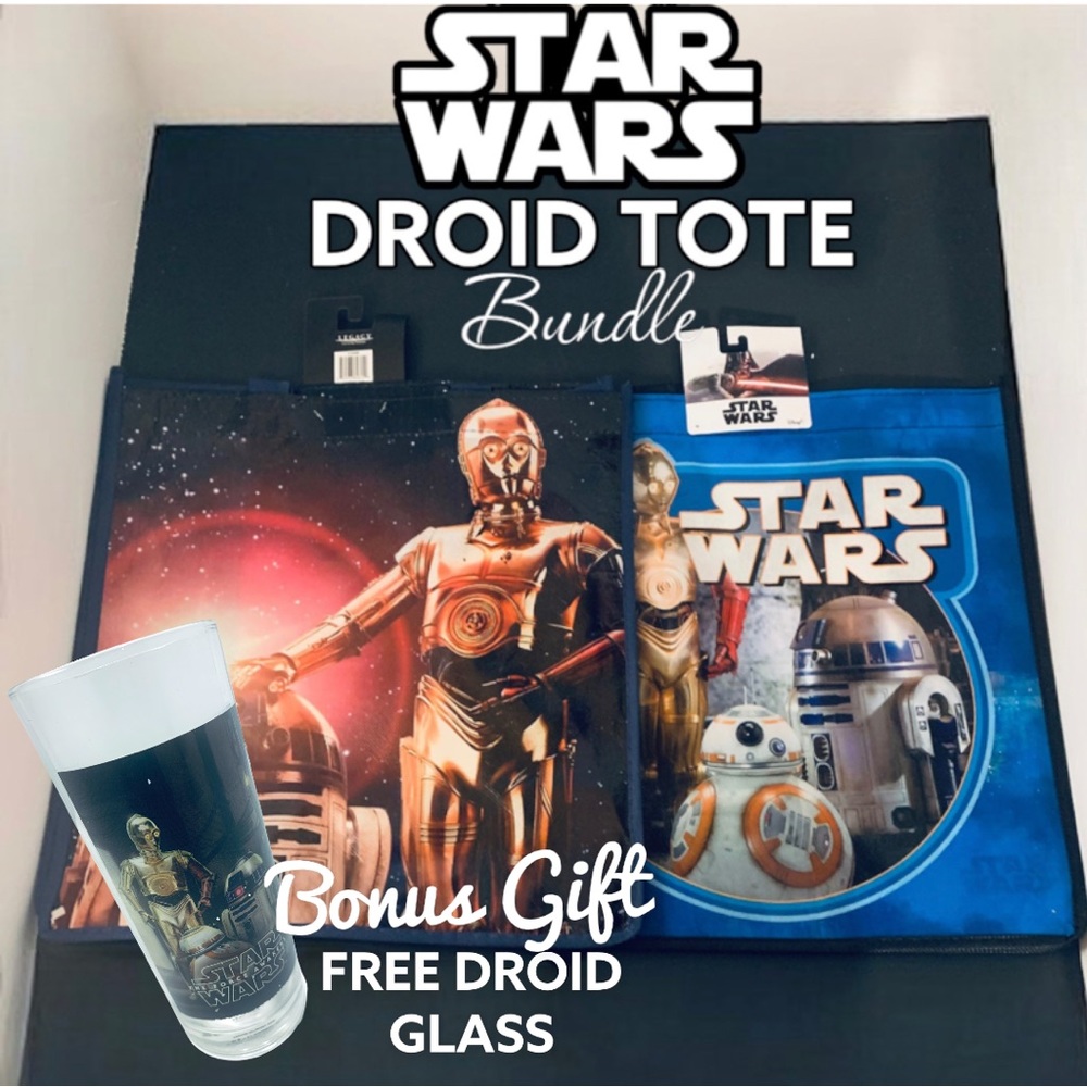 Star Wars Droids Tote Bag Bundle Featuring R2D2, C3PO & BB-8. NEW! Droid Glass!